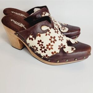Paris Blues Cowboy Carter Freda Wooden Western Cowgirl Backless Clogs Size 6.5